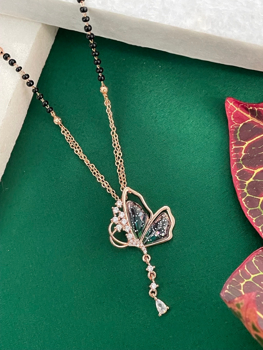 Short American Diamond Rose Gold Mangalsutra Butterfly Pendant Black Beads Chain