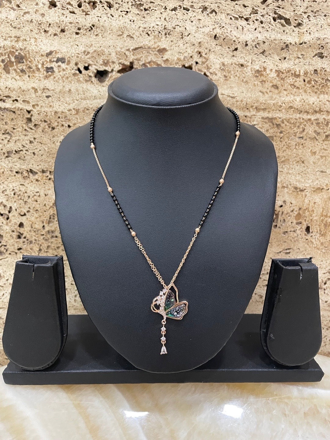 Short American Diamond Rose Gold Mangalsutra Butterfly Pendant Black Beads Chain