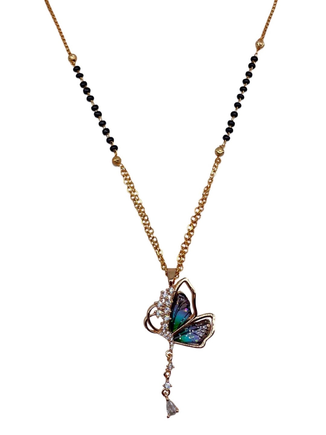 Short American Diamond Rose Gold Mangalsutra Butterfly Pendant Black Beads Chain