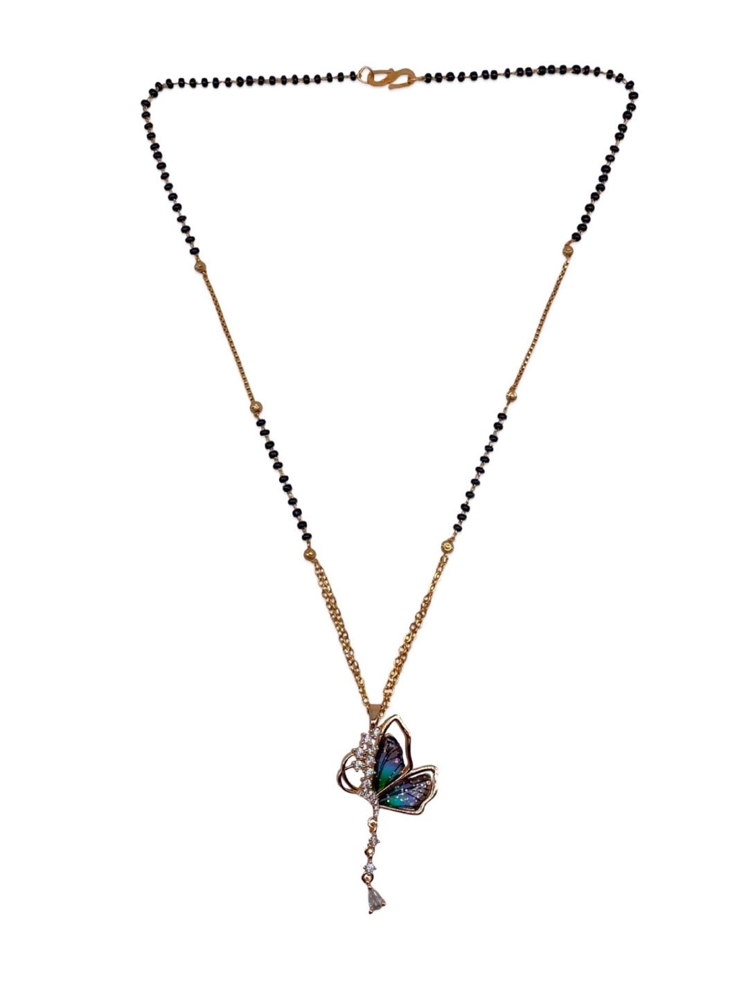 Short American Diamond Rose Gold Mangalsutra Butterfly Pendant Black Beads Chain