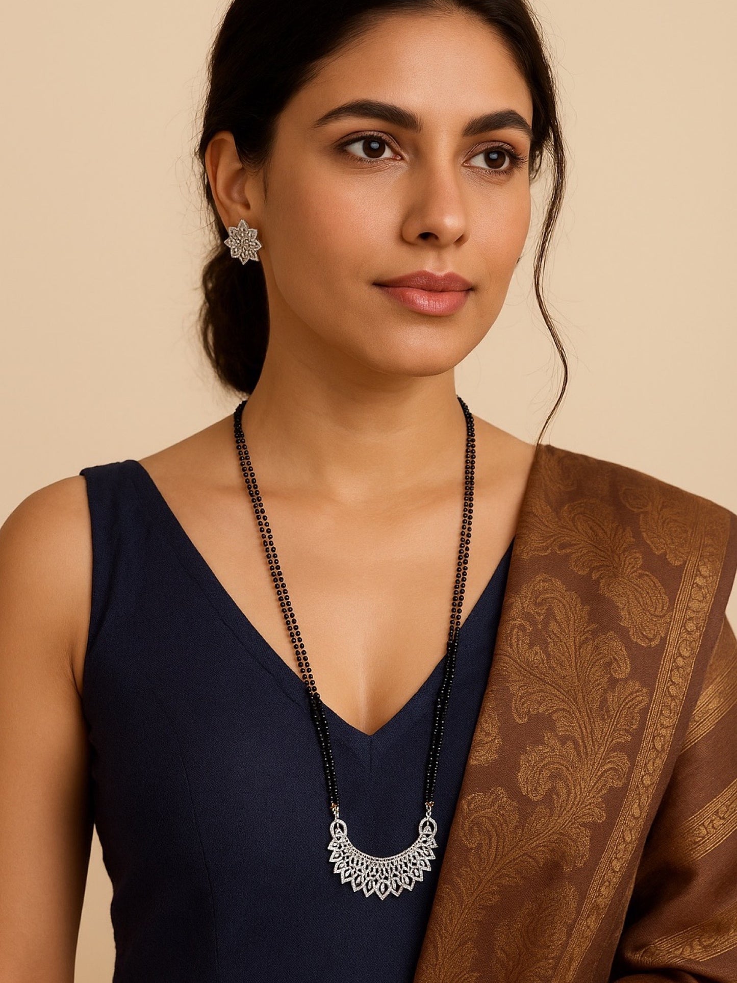 American Diamond Leaf Pendant Long Mangalsutra Set
