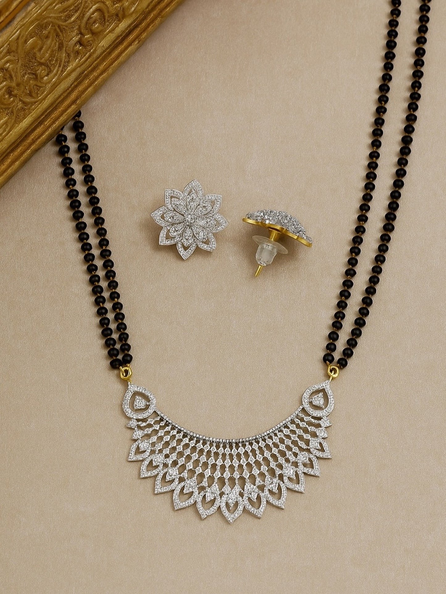 American Diamond Leaf Pendant Long Mangalsutra Set