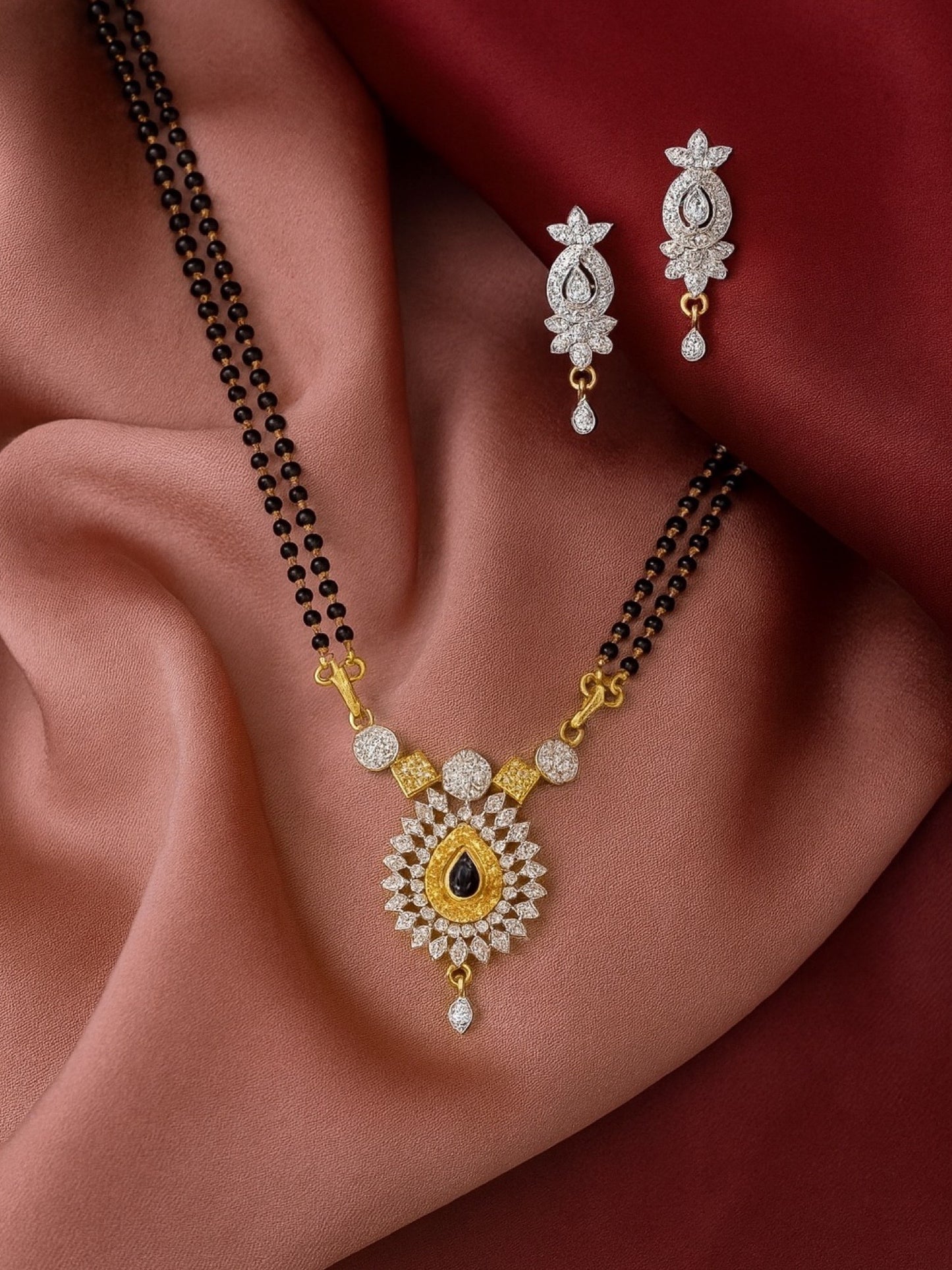 American Diamond Flower Pendant Long Mangalsutra Set