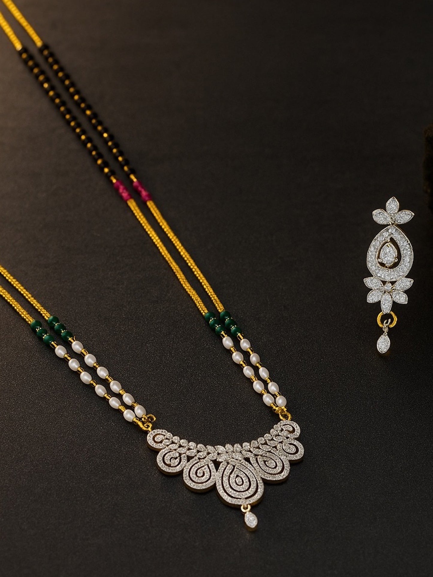 American Diamond Leaf Pendant Long Mangalsutra Set