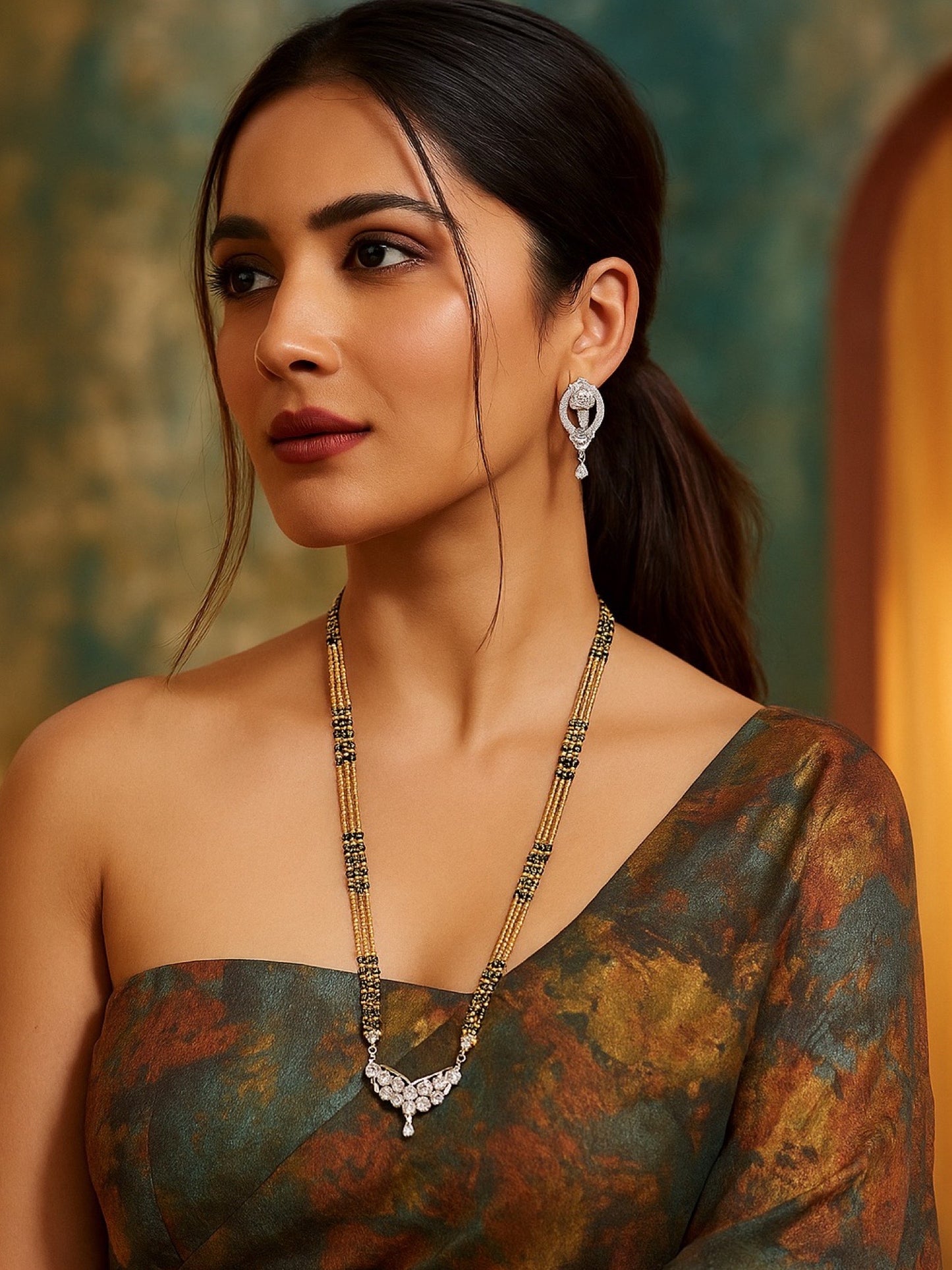 American Diamond Modern Pendant Long Mangalsutra Set