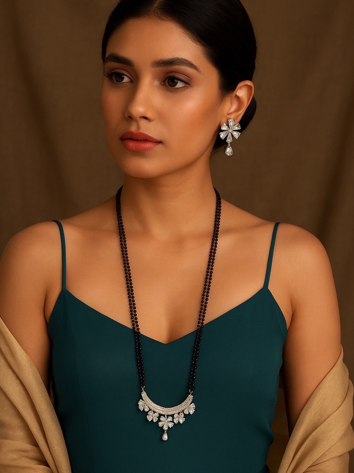 American Diamond Flower Pendant Long Mangalsutra Set