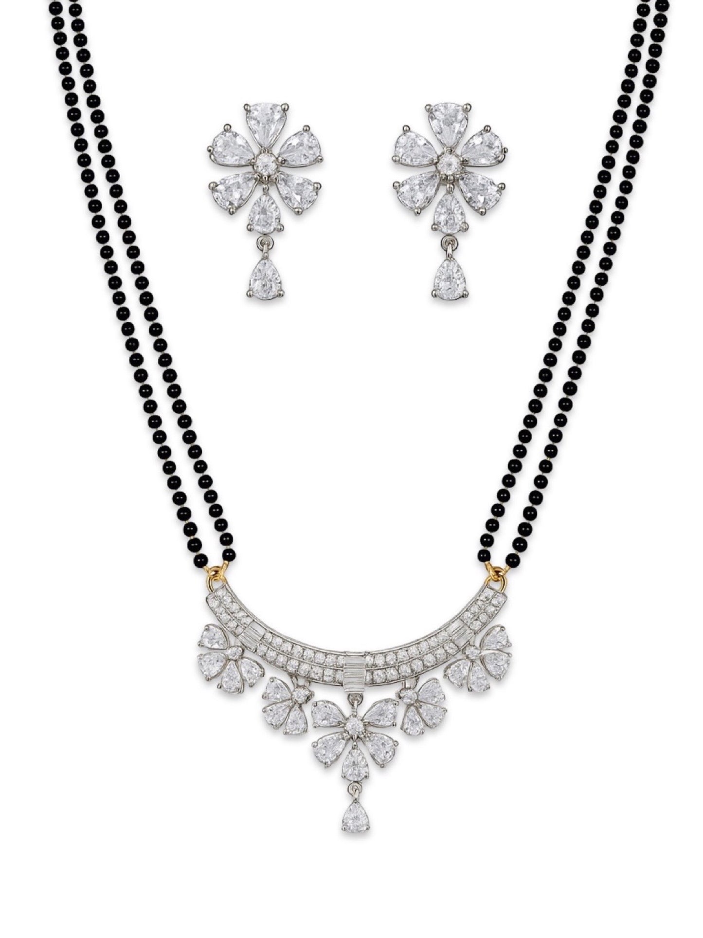 American Diamond Flower Pendant Long Mangalsutra Set