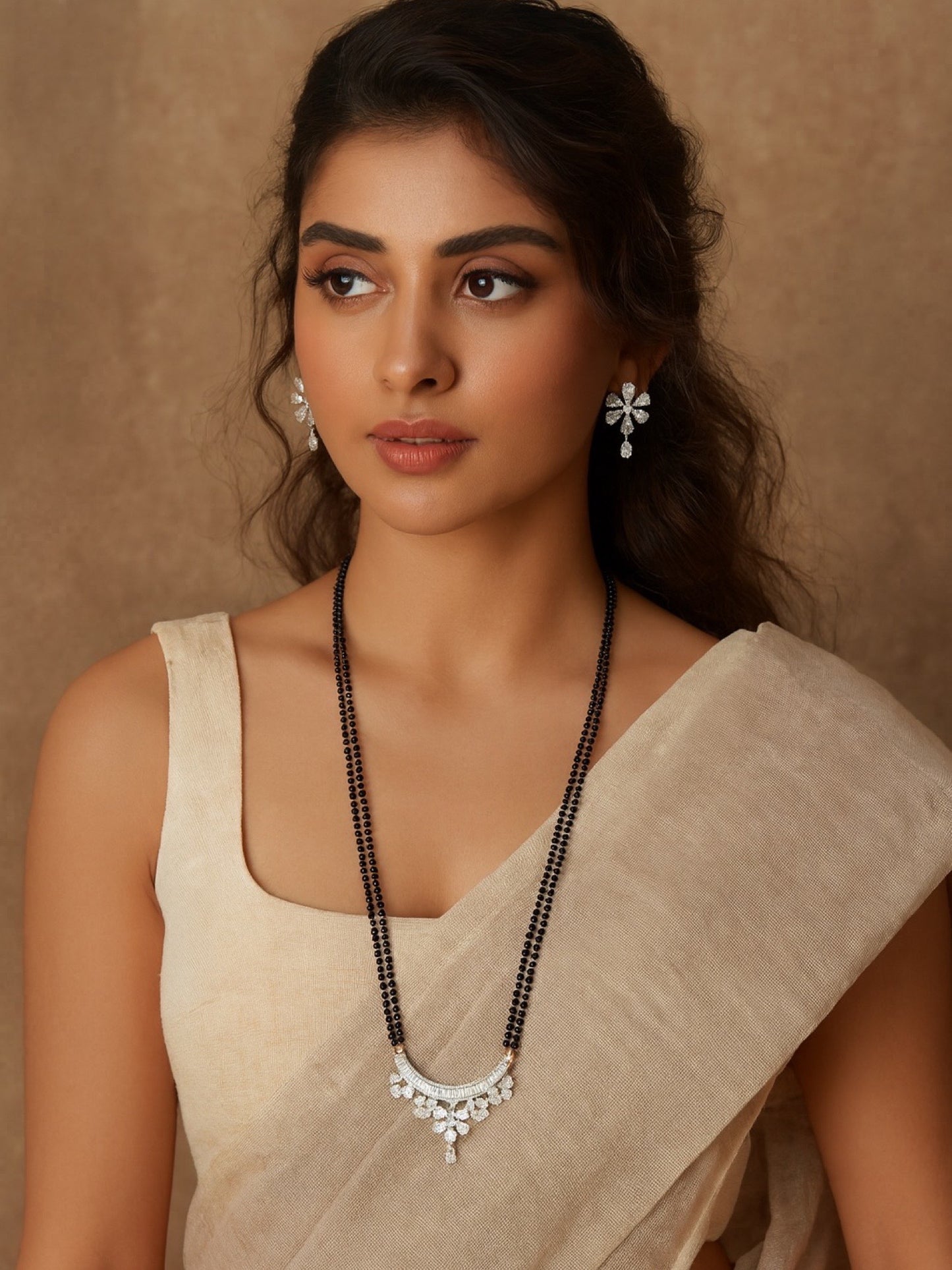 American Diamond Flower Pendant Long Mangalsutra Set