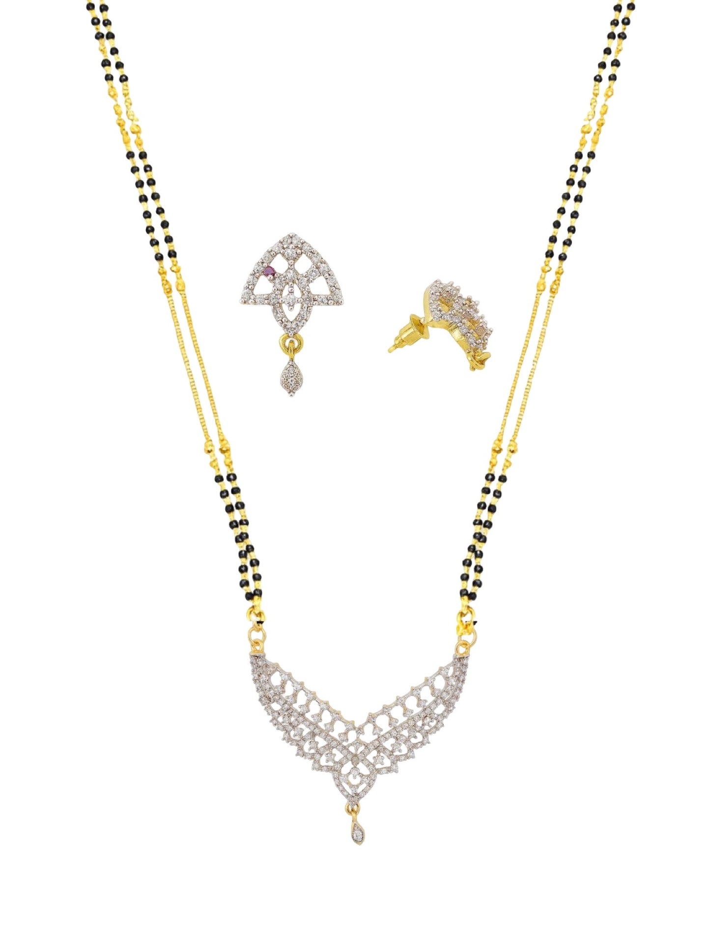 American Diamond V Shape Pendant Long Mangalsutra Set