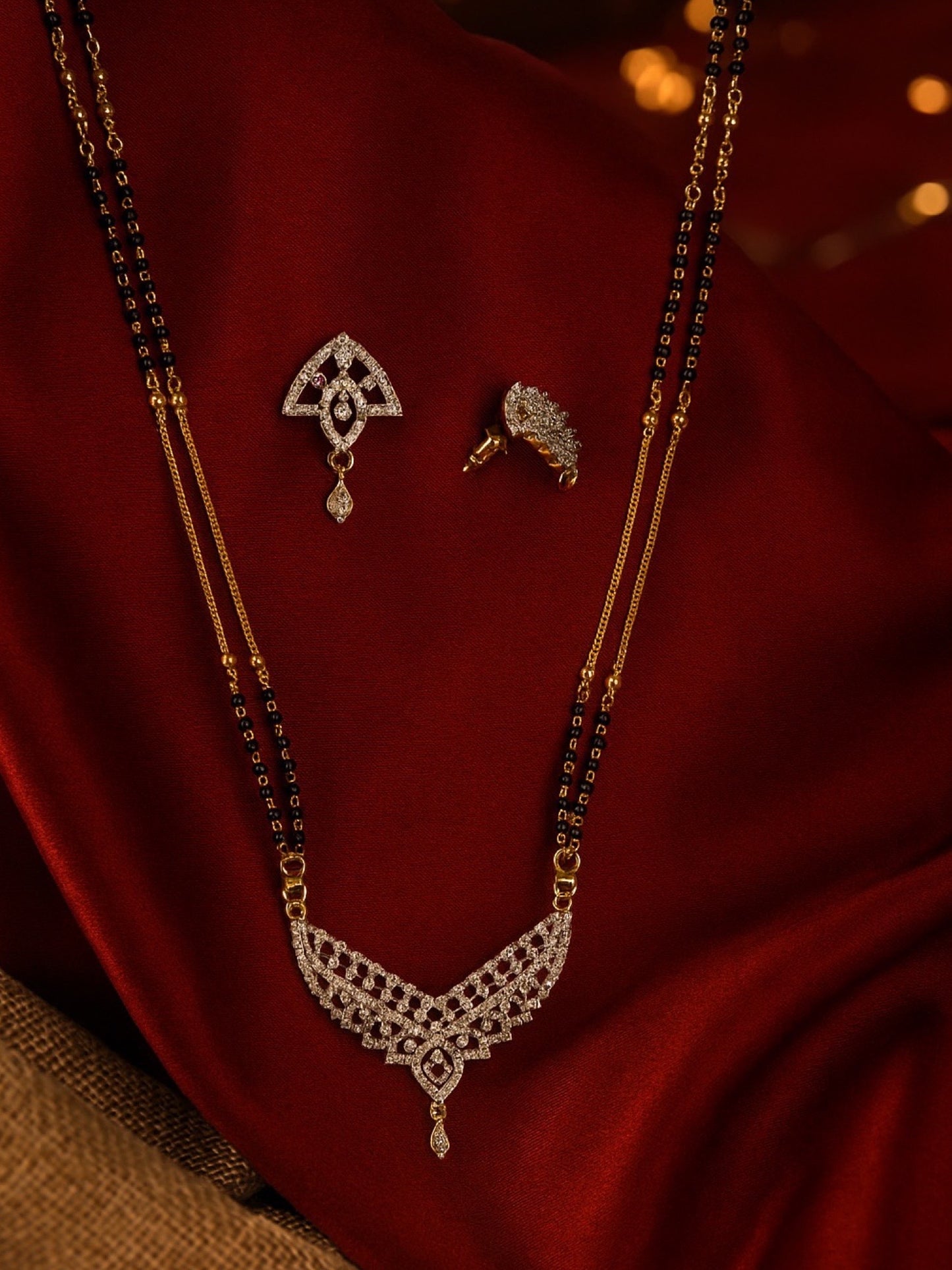 American Diamond V Shape Pendant Long Mangalsutra Set