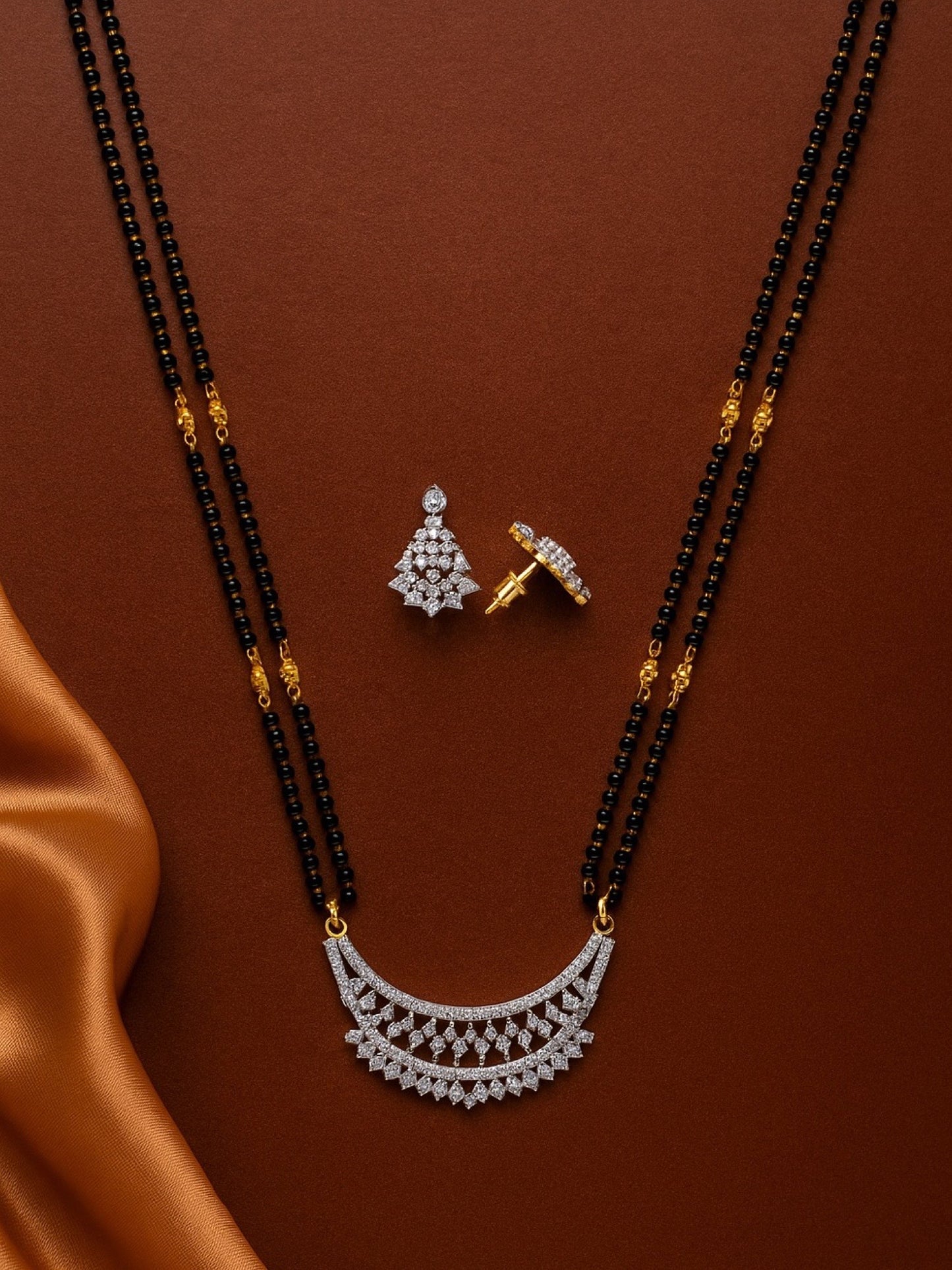 American Diamond Half Round Pendant Long Mangalsutra Set