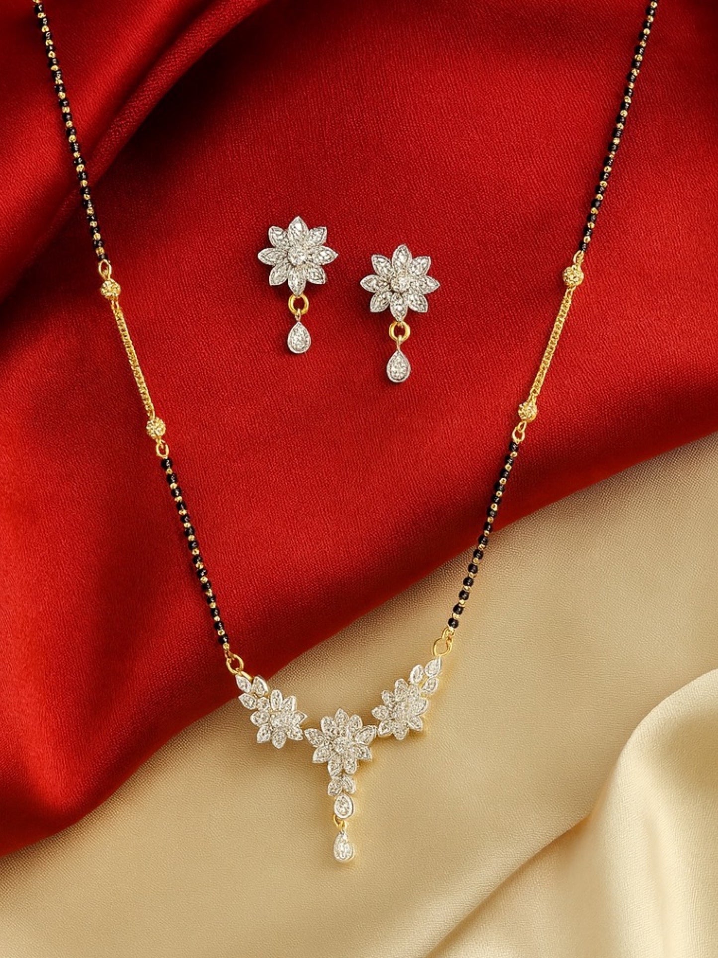American Diamond Flower Pendant Short Mangalsutra Set