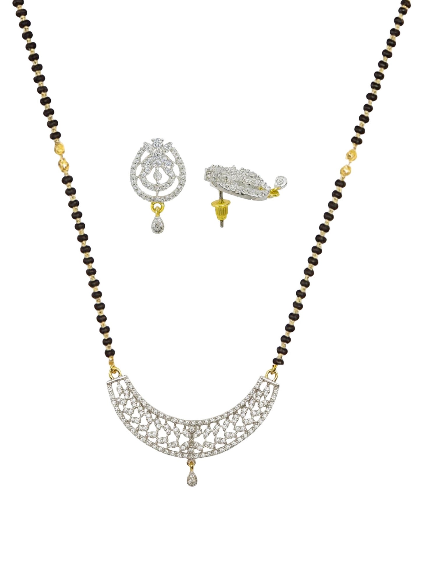 American Diamond Flower Pendant Long Long Mangalsutra Set