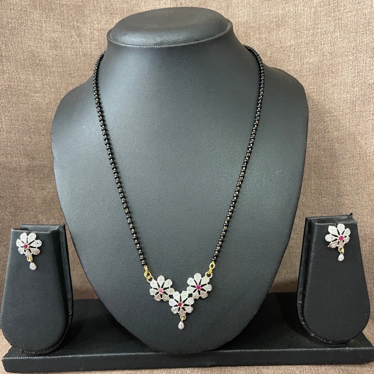Fancy Short American Diamond Mangalsutra Set With Earrings Flower Pendant Black Beads Chain