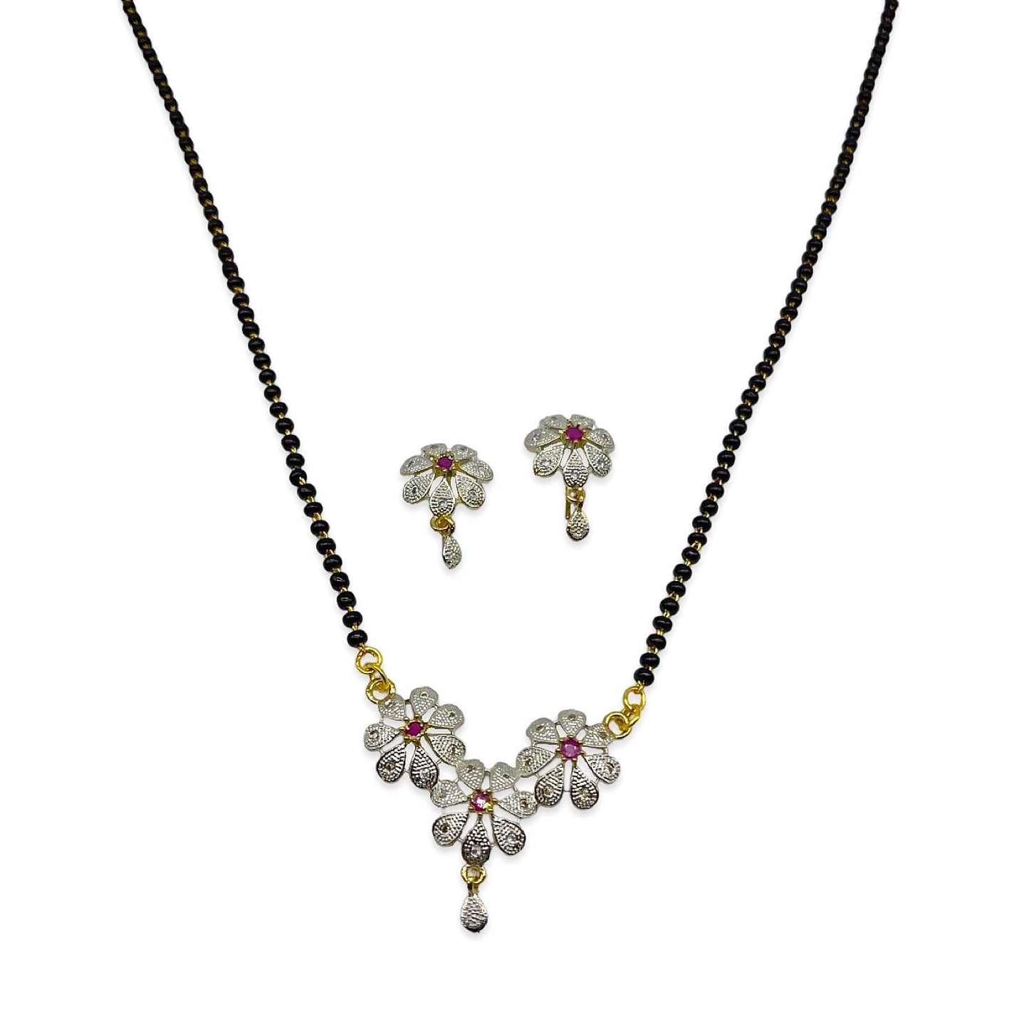 Fancy Short American Diamond Mangalsutra Set With Earrings Flower Pendant Black Beads Chain