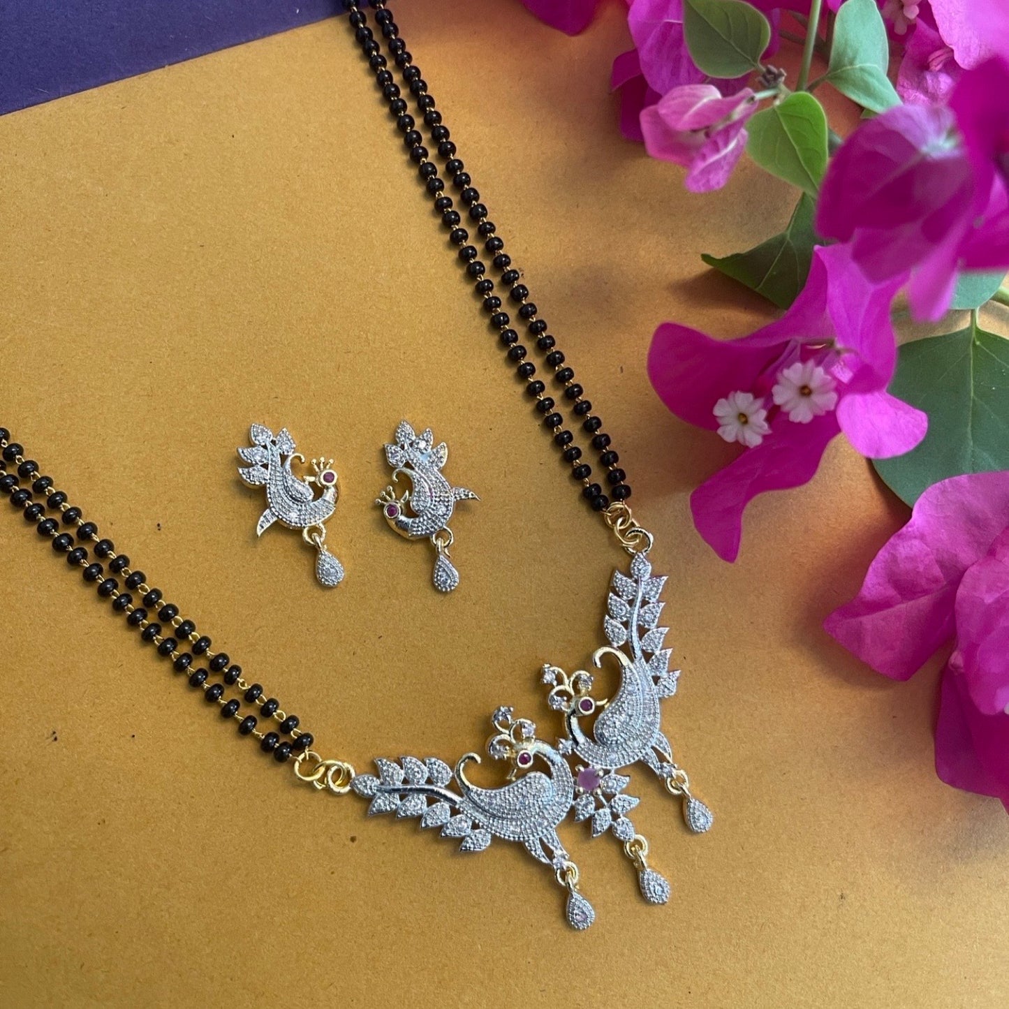American Diamond Peacock Pendant Long Mangalsutra Set With Earrings 2 Line Black Beads Chain