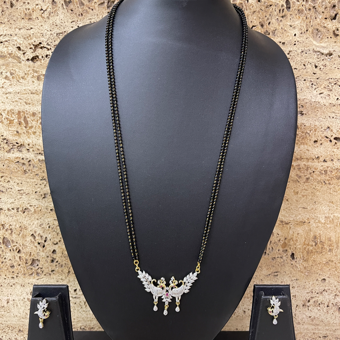 American Diamond Peacock Pendant Long Mangalsutra Set With Earrings 2 Line Black Beads Chain