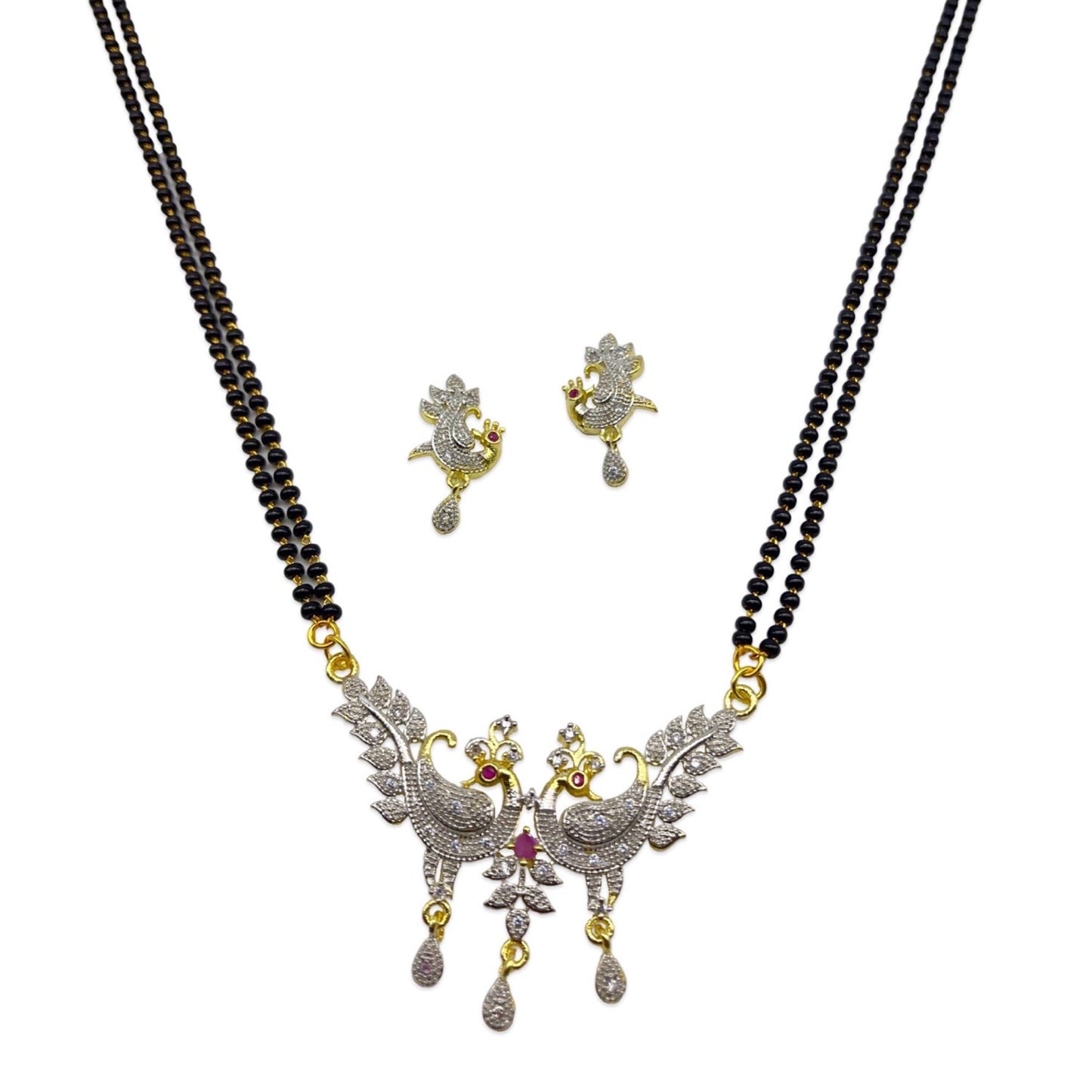 American Diamond Peacock Pendant Long Mangalsutra Set With Earrings 2 Line Black Beads Chain