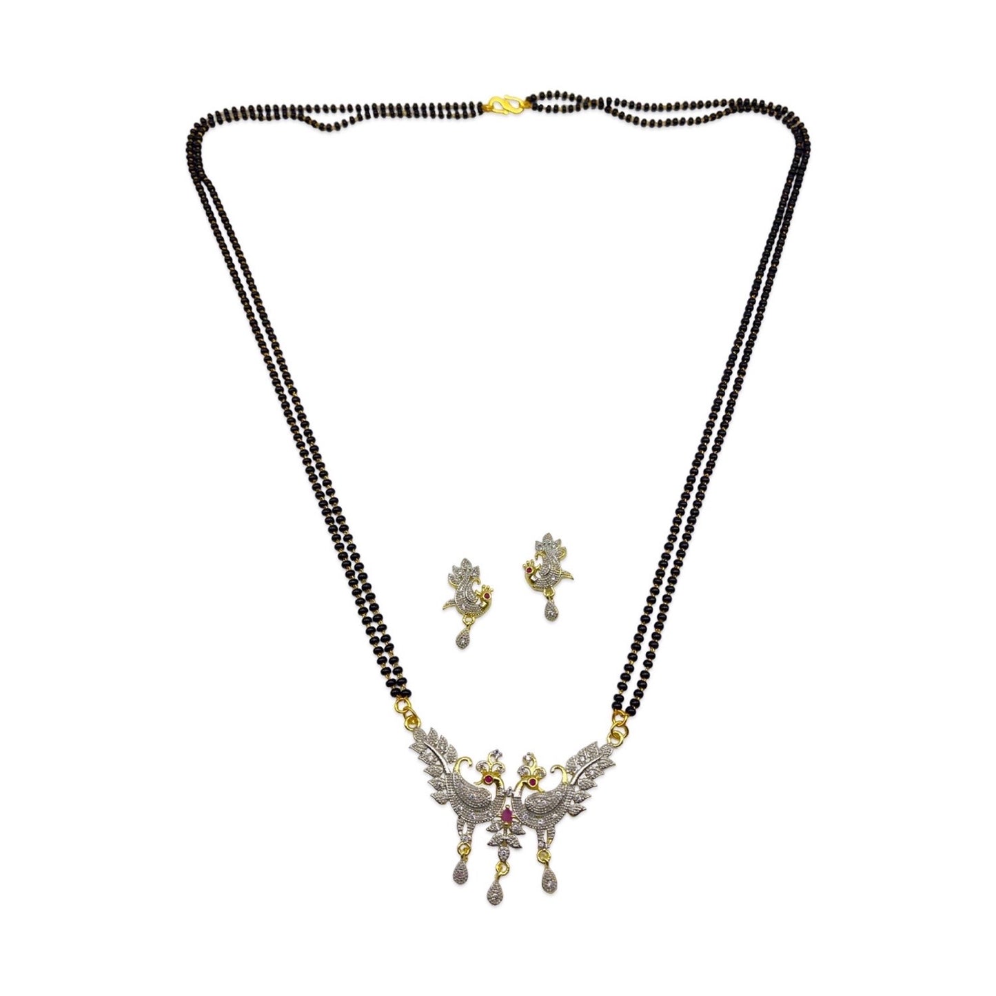 American Diamond Peacock Pendant Long Mangalsutra Set With Earrings 2 Line Black Beads Chain