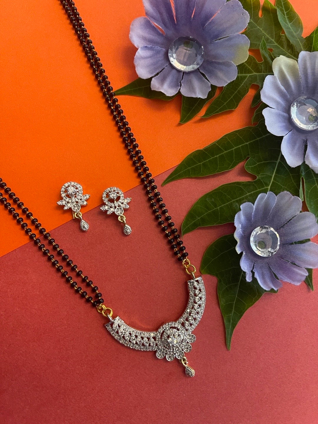 American Diamond Long Fancy Mangalsutra & Earrings