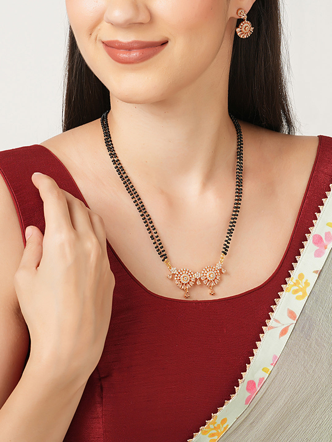 Rose Gold Plated AD Long Mangalsutra & Earring Set