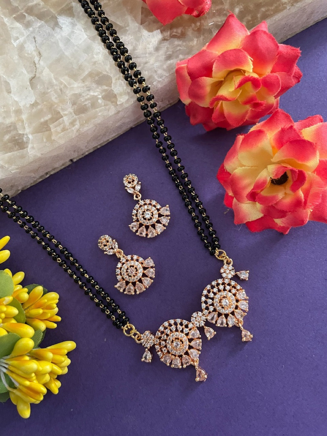 Rose Gold Plated AD Long Mangalsutra & Earring Set