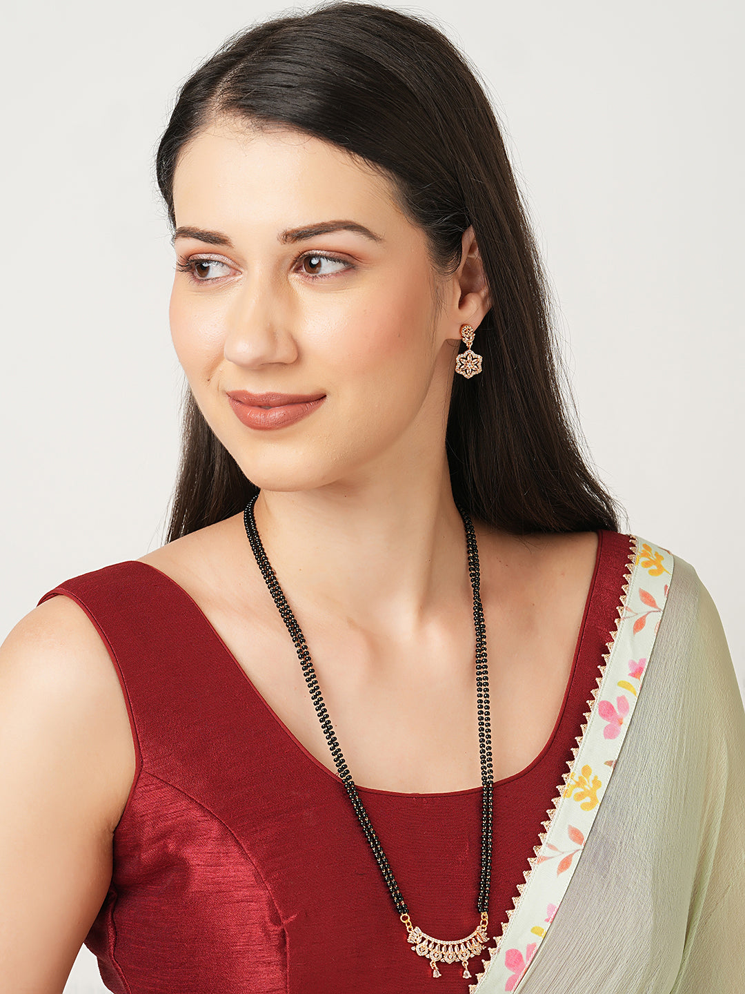 Rose Gold Plated AD Long Mangalsutra & Earring Set