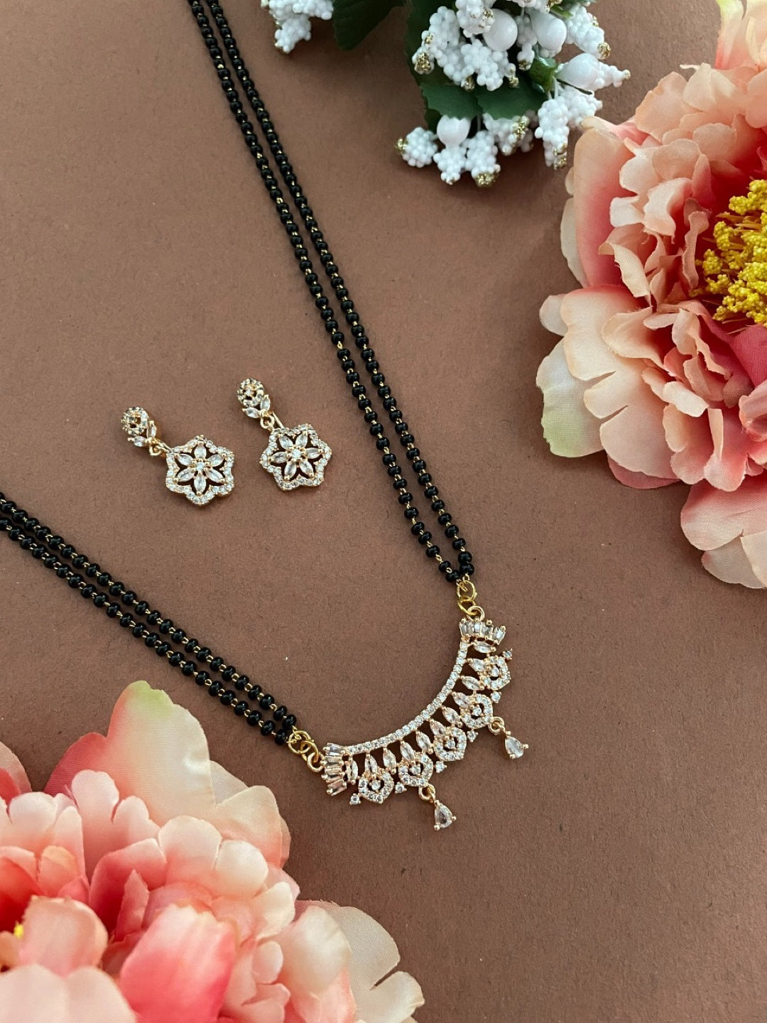 Rose Gold Plated AD Long Mangalsutra & Earring Set