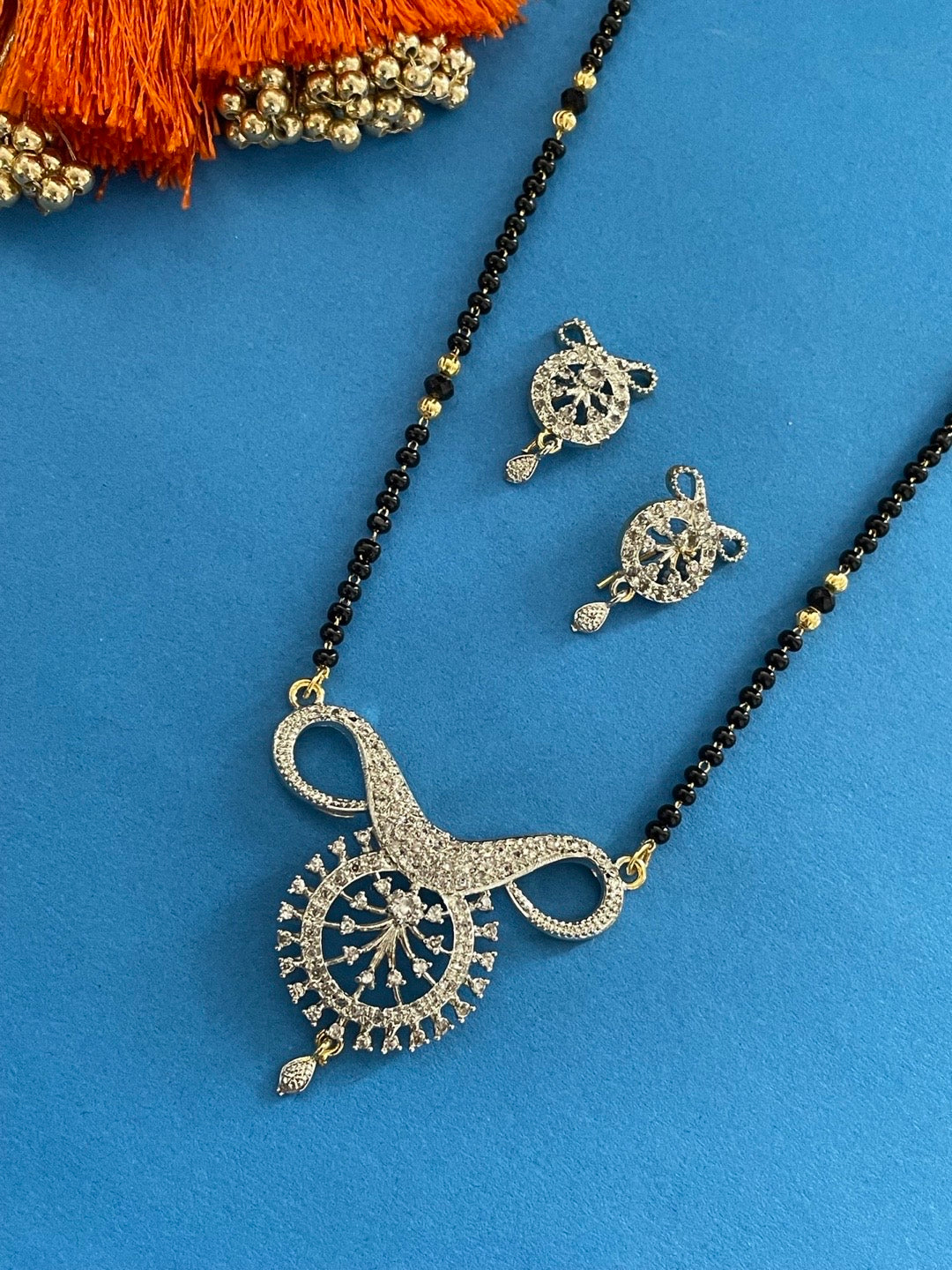 Gold Plated Long Mangalsutra With Earring AD Pendant Design