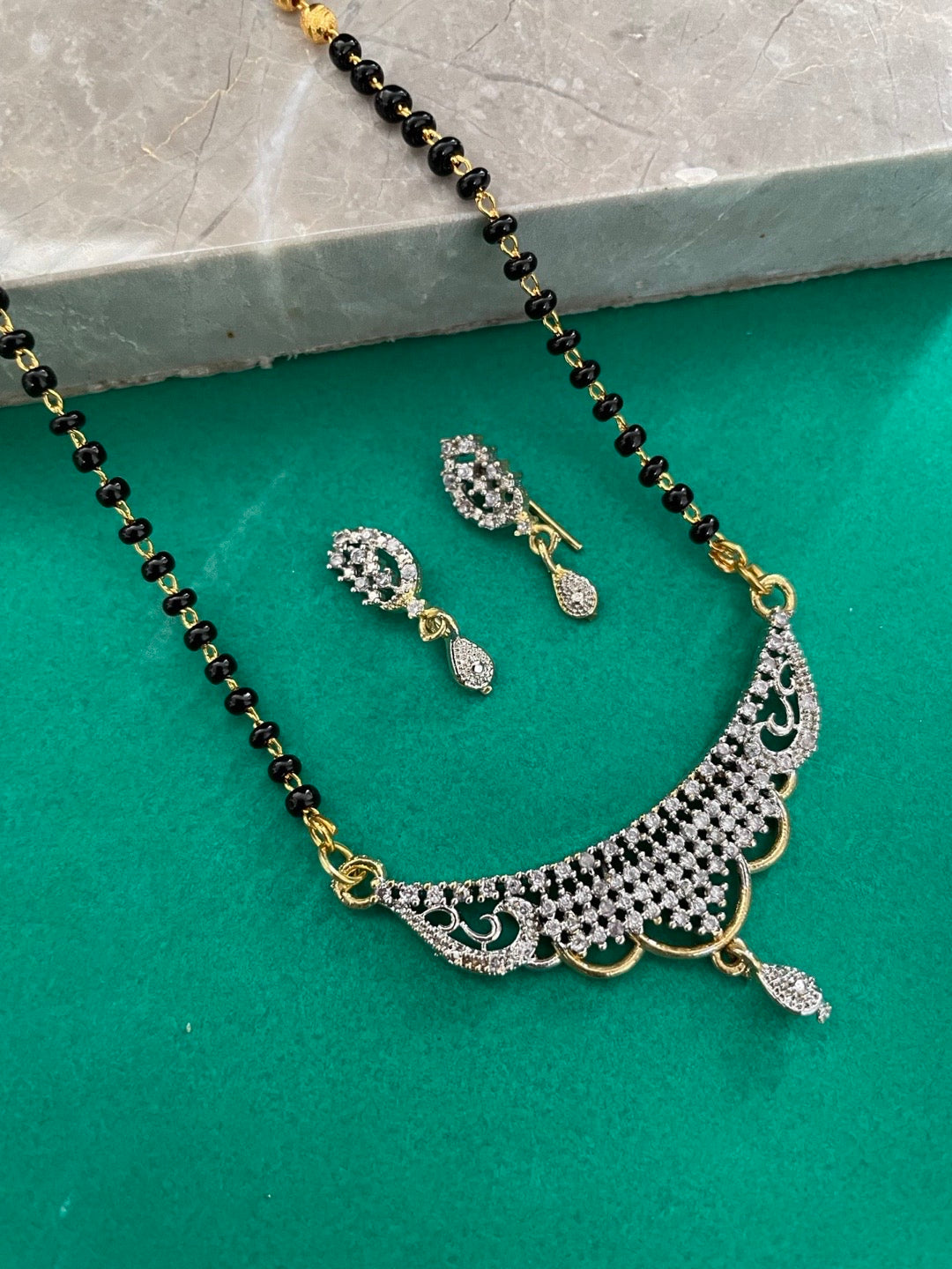 Gold Plated Long Mangalsutra With Earring Set AD Pendant Design
