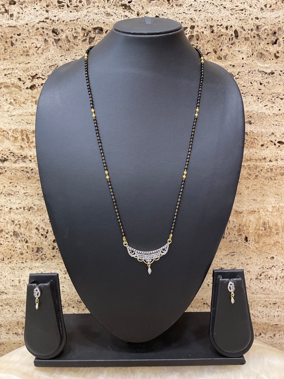 Gold Plated Long Mangalsutra With Earring Set American Diamond Pendant Design