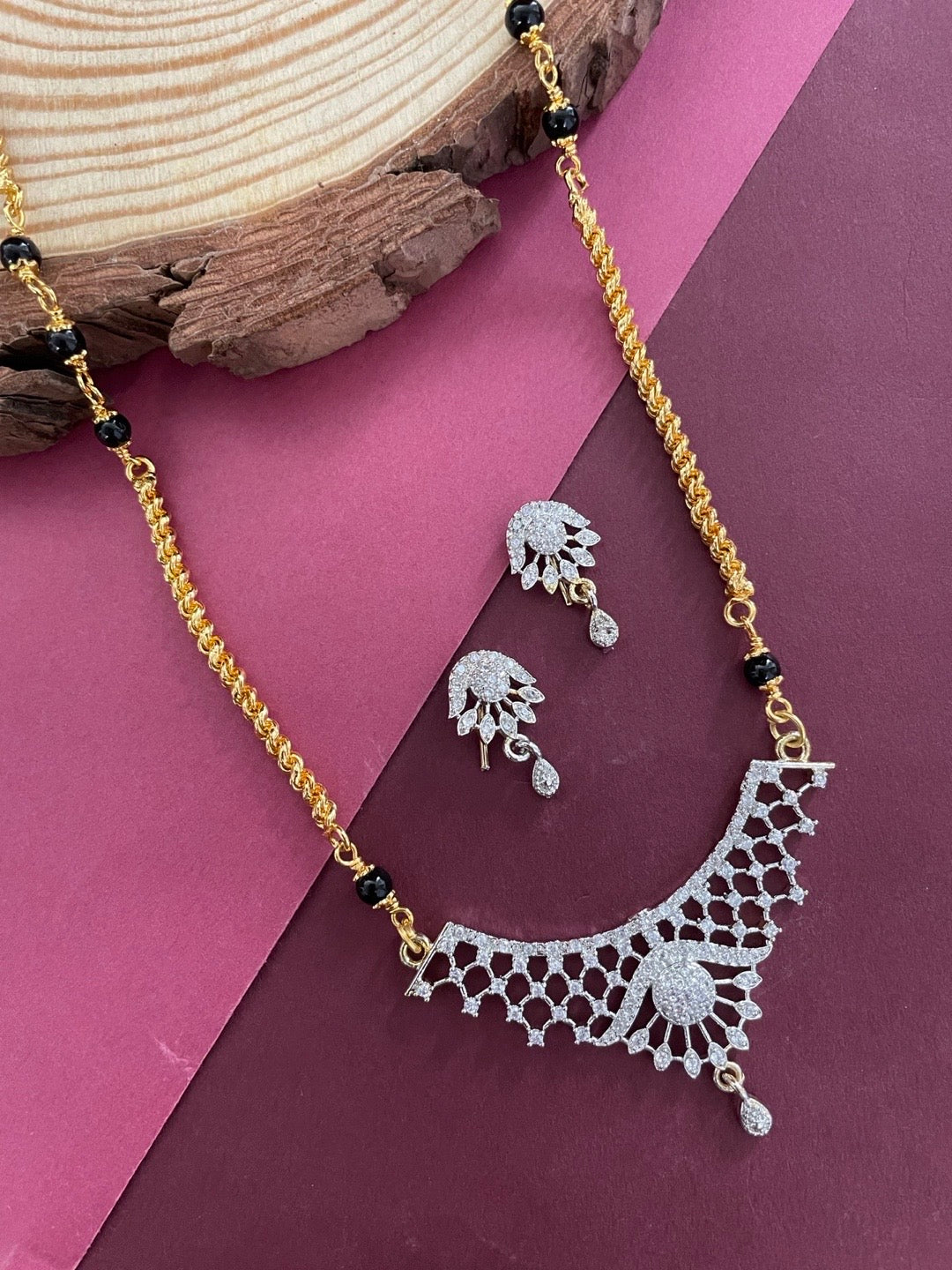 Gold Plated Long Mangalsutra With Earring Set American Diamond Pendant Design
