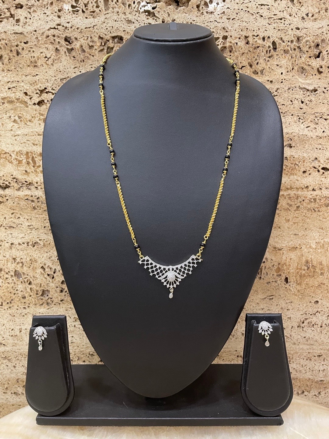 Gold Plated Long Mangalsutra With Earring Set American Diamond Pendant Design