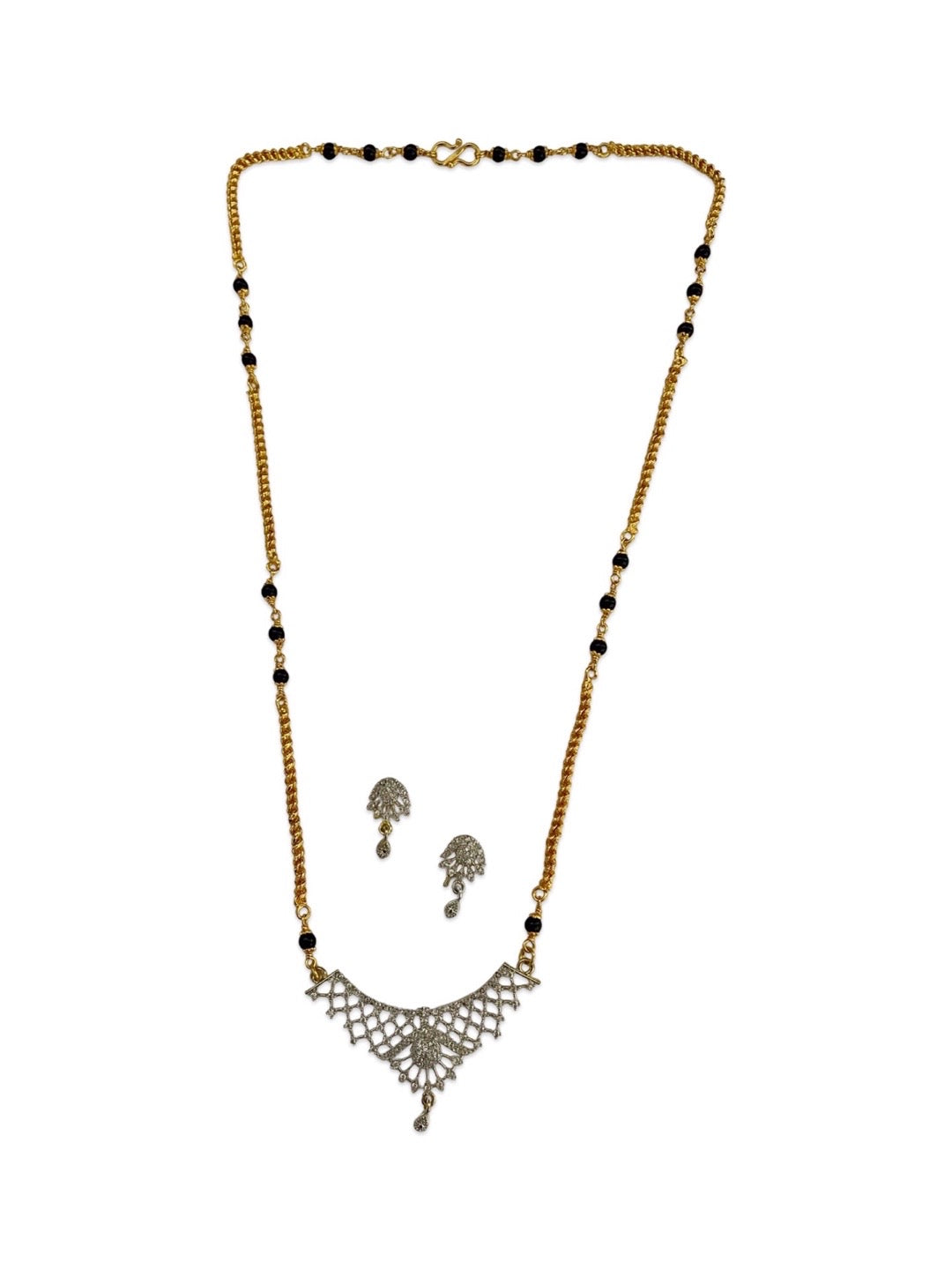 Gold Plated Long Mangalsutra With Earring Set AD Pendant Design