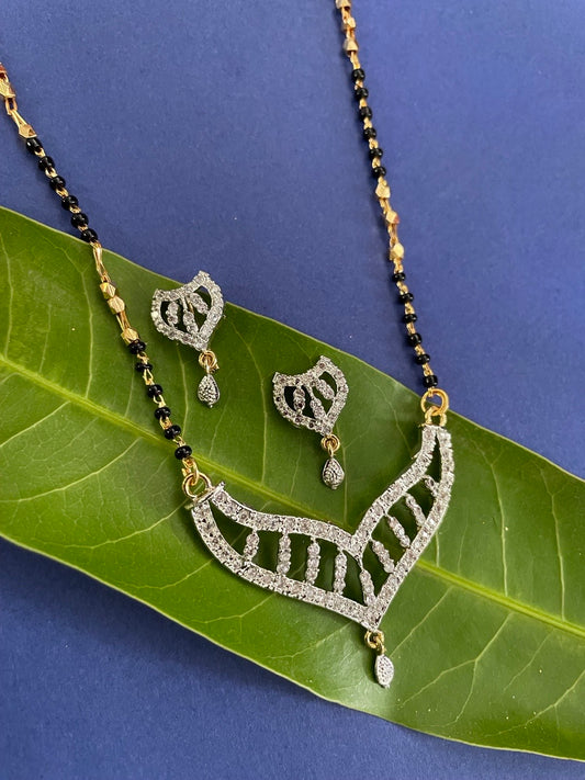 Gold Plated Short Mangalsutra With Earring Set American Diamond Pendant Design