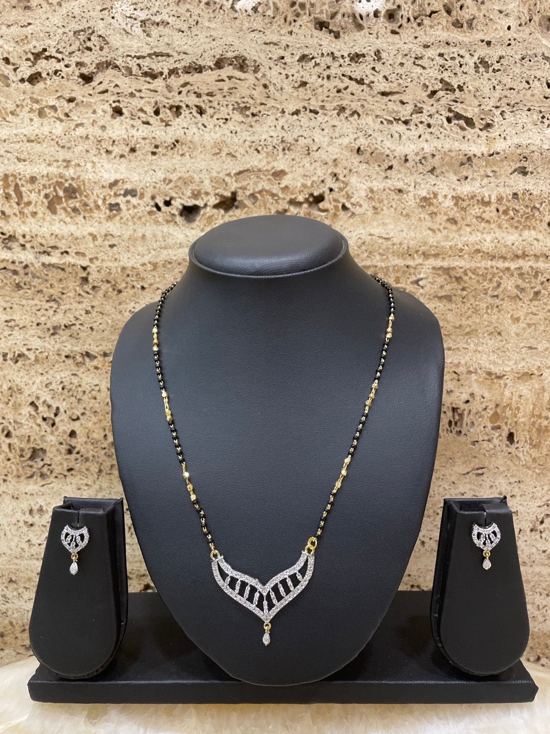 Gold Plated Short Mangalsutra With Earring Set AD Pendant Design