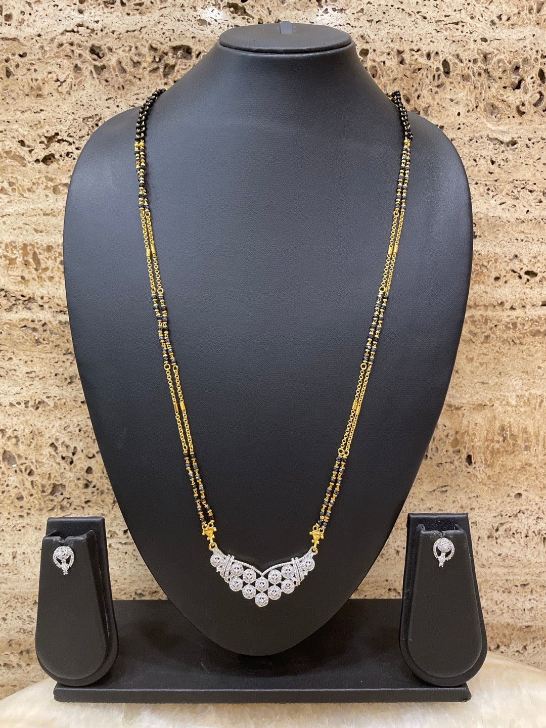 Gold Plated Long Mangalsutra With Earring Set AD Pendant Design