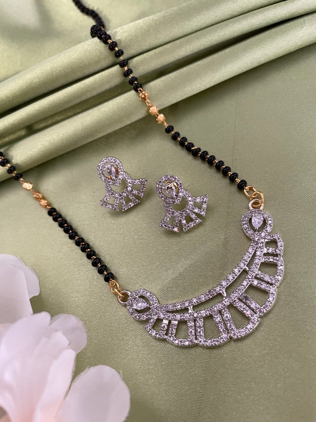 Gold Plated American Diamond Long Mangalsutra & Earrings Set