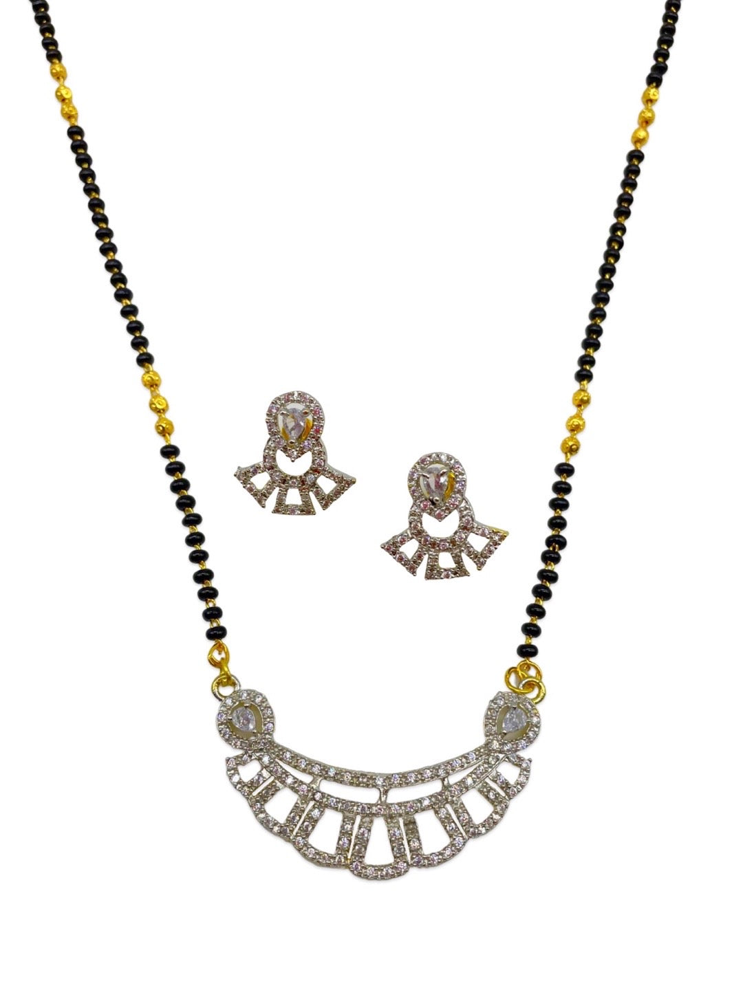 Gold Plated American Diamond Long Mangalsutra & Earrings Set