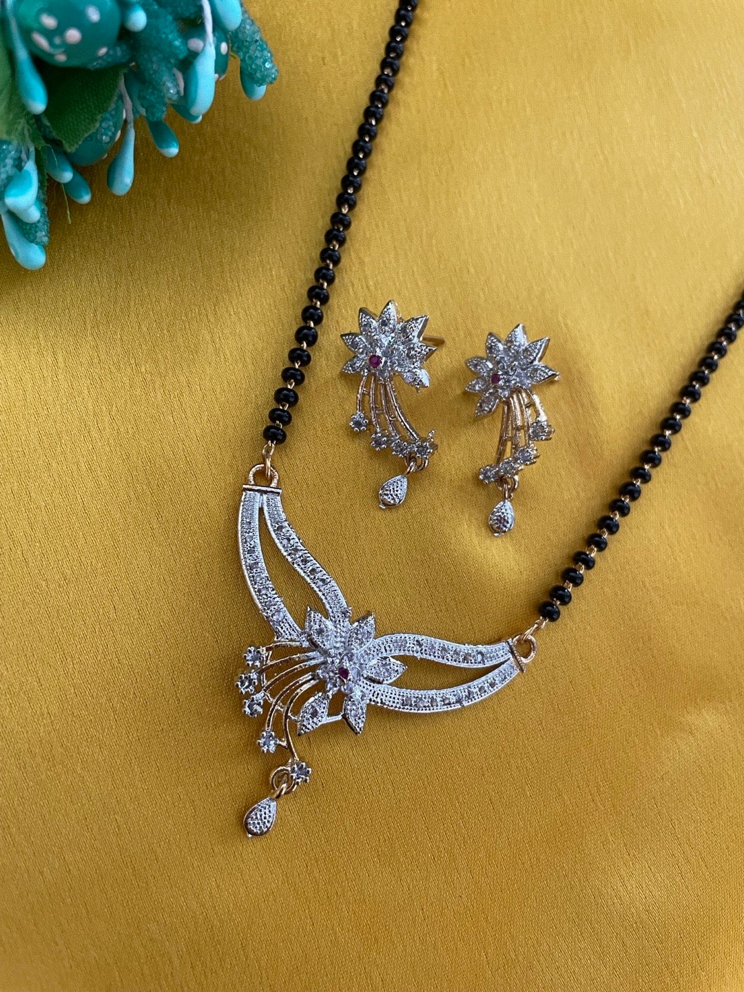 Gold Plated American Diamond Short Mangalsutra Set With Earrings