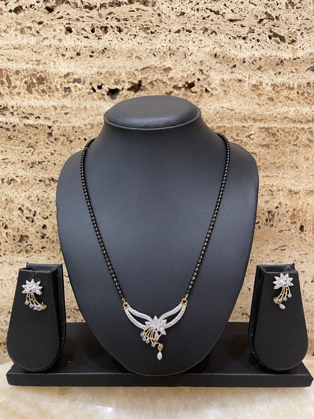Gold Plated American Diamond Short Mangalsutra Set With Earrings