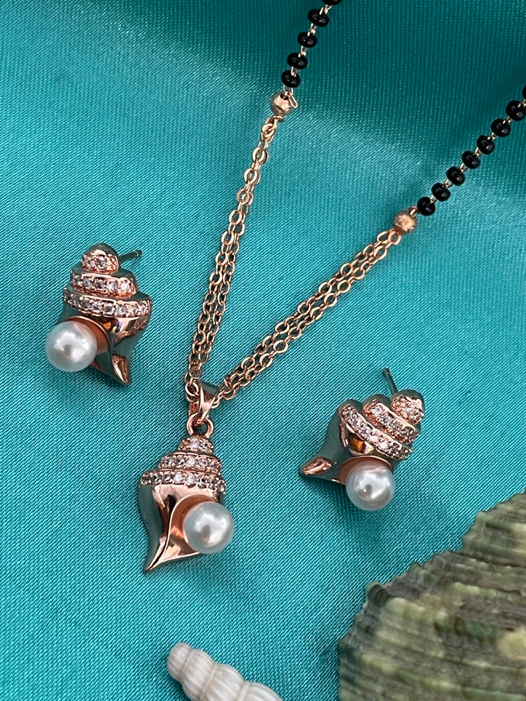 American Diamond Rose Gold Mangalsutra Earrings Set Sea-Shell & Pearl Pendant