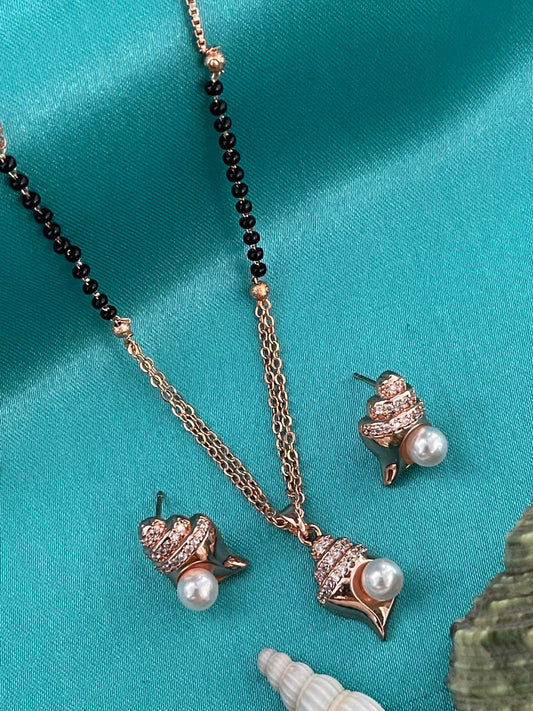 American Diamond Rose Gold Mangalsutra Earrings Set Sea-Shell & Pearl Pendant