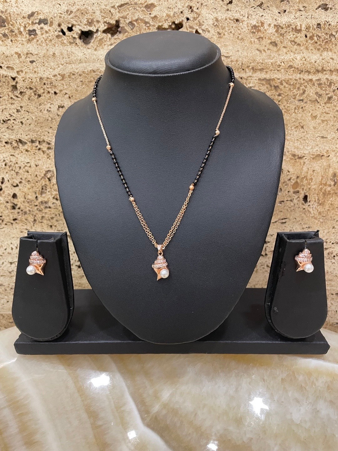 American Diamond Rose Gold Mangalsutra Earrings Set Sea-Shell & Pearl Pendant