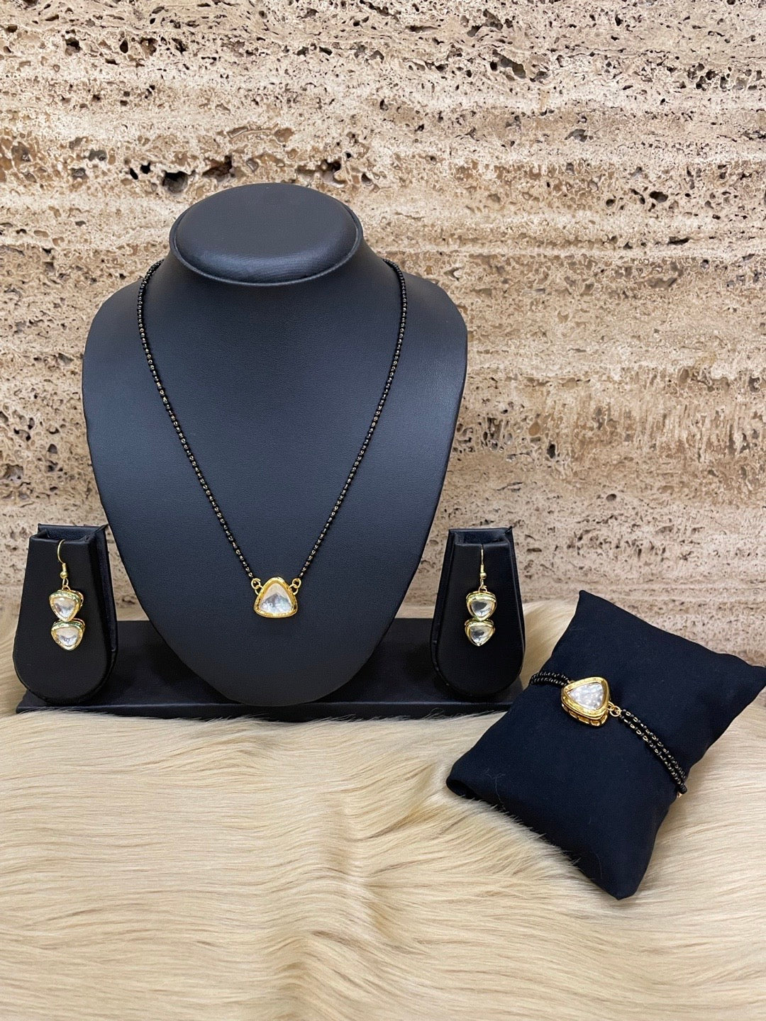 Kundan Triangle Shape Pendant Short Mangalsutra with Earrings & Bracelet