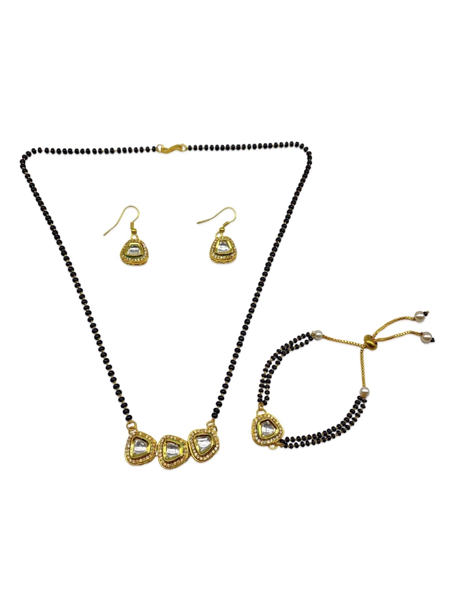 Kundan & AD Square Shape Pendant Short Mangalsutra with Earrings & Bracelet