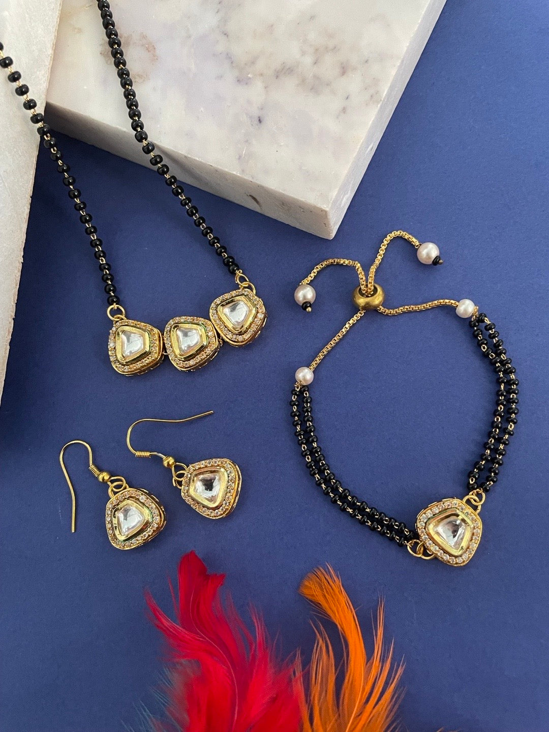 Kundan & AD Square Shape Pendant Short Mangalsutra with Earrings & Bracelet