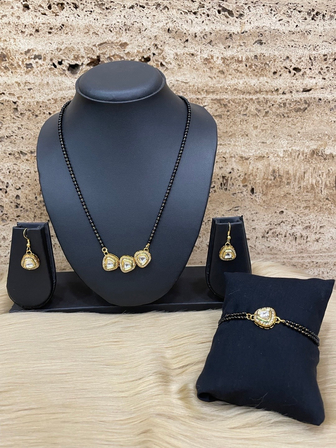 Kundan & AD Square Shape Pendant Short Mangalsutra with Earrings & Bracelet