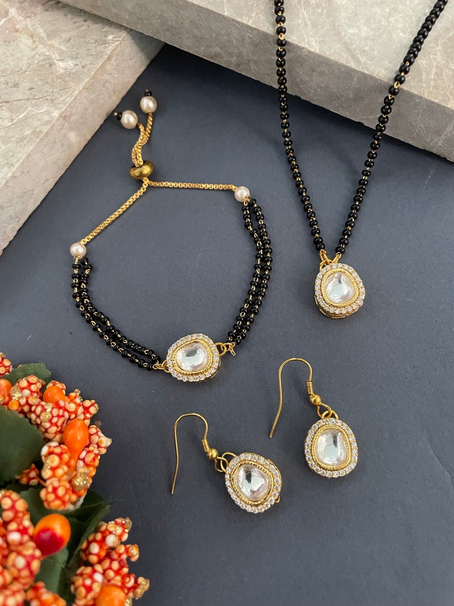 Kundan & AD Oval Shape Pendant Short Mangalsutra with Earrings & Bracelet