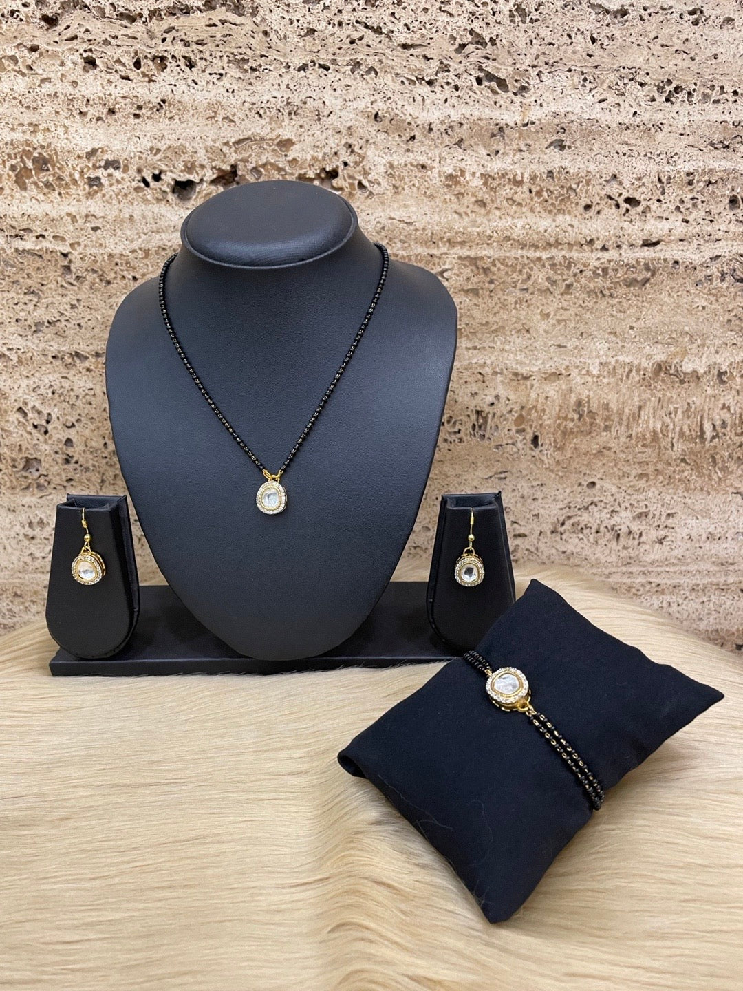 Kundan & AD Oval Shape Pendant Short Mangalsutra with Earrings & Bracelet